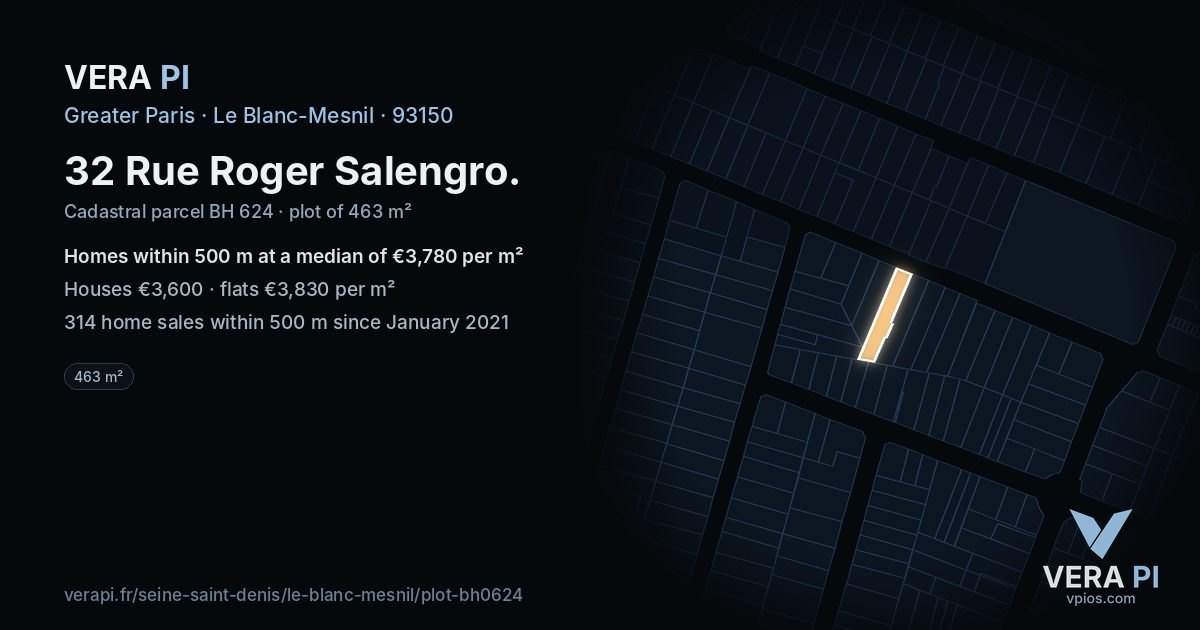 32 Rue Roger Salengro, Le Blanc-Mesnil at night – the plot lit, the parcels around coloured by the prices near them