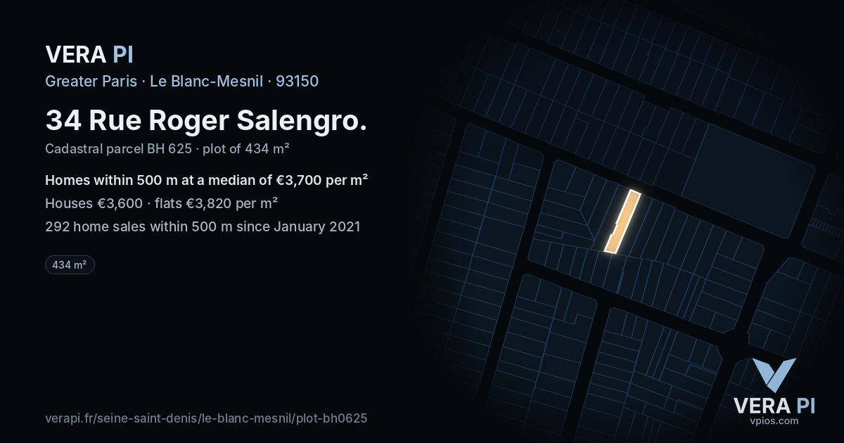 34 Rue Roger Salengro, Le Blanc-Mesnil at night – the plot lit, the parcels around coloured by the prices near them