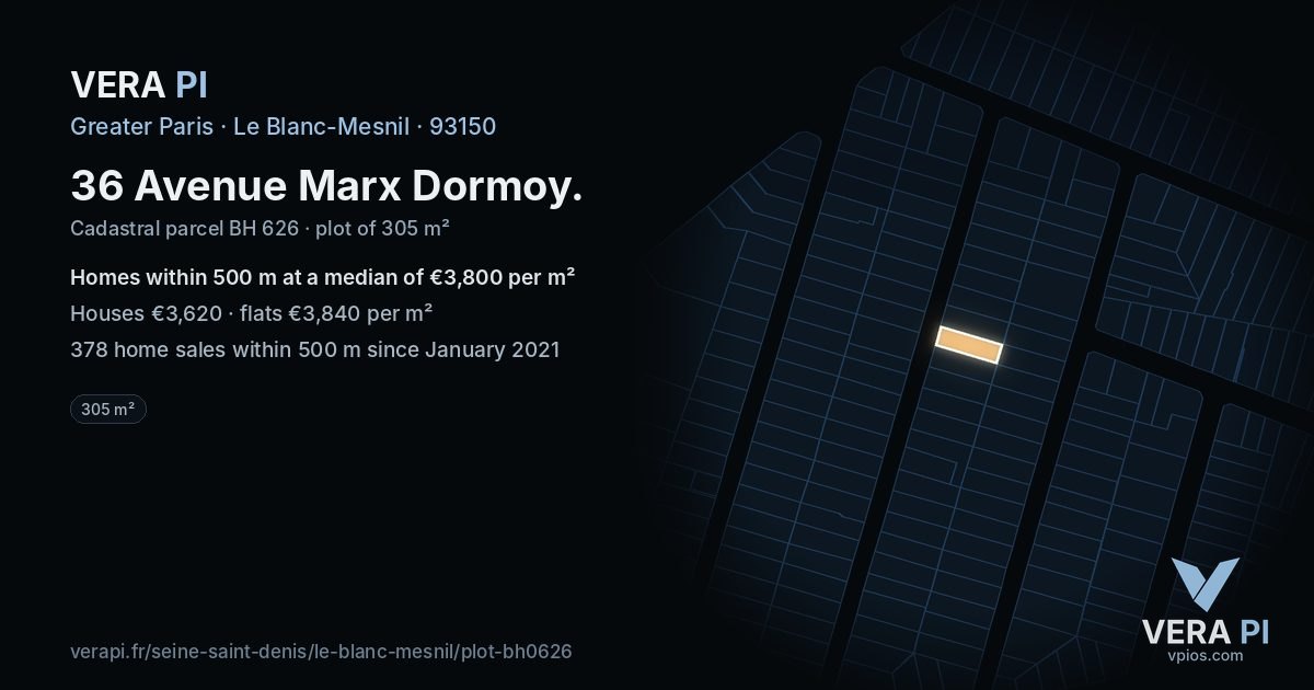 36 Avenue Marx Dormoy, Le Blanc-Mesnil at night – the plot lit, the parcels around coloured by the prices near them