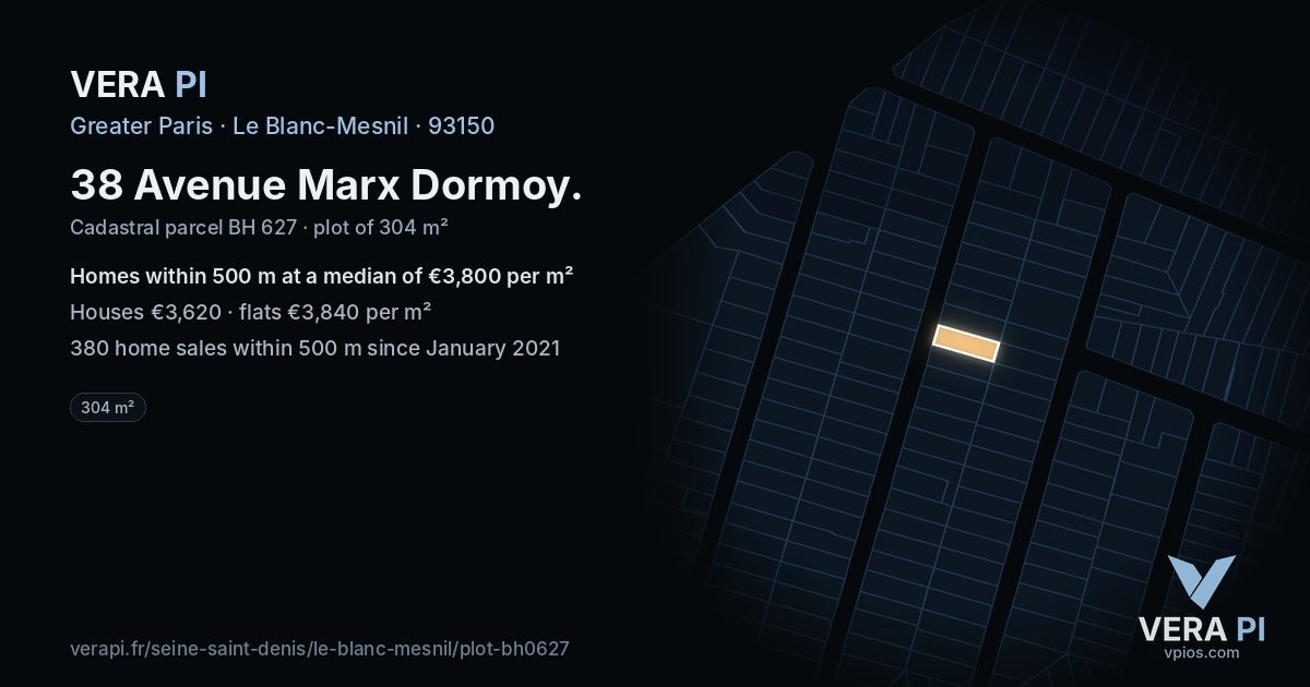 38 Avenue Marx Dormoy, Le Blanc-Mesnil at night – the plot lit, the parcels around coloured by the prices near them