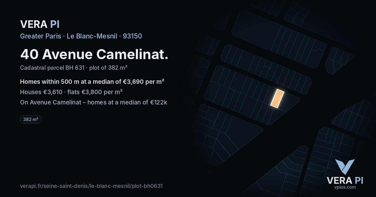40 Avenue Camelinat, Le Blanc-Mesnil at night – the plot lit, the parcels around coloured by the prices near them