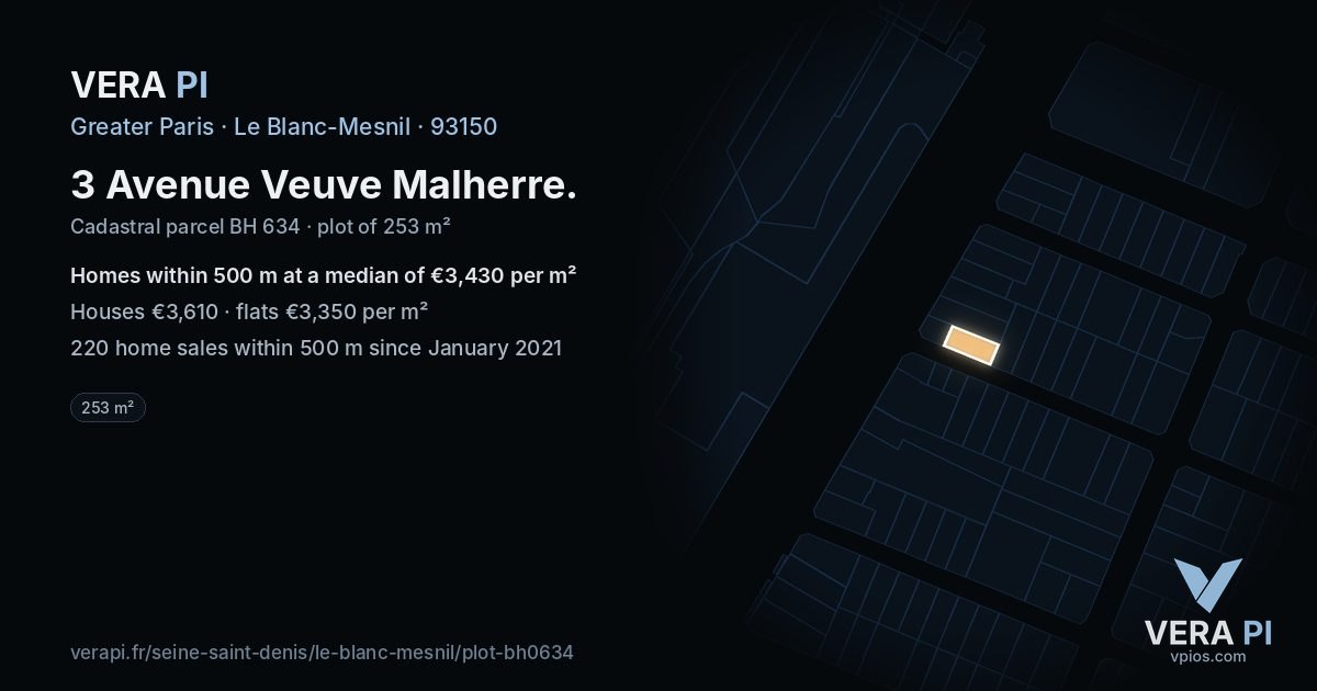 3 Avenue Veuve Malherre, Le Blanc-Mesnil at night – the plot lit, the parcels around coloured by the prices near them