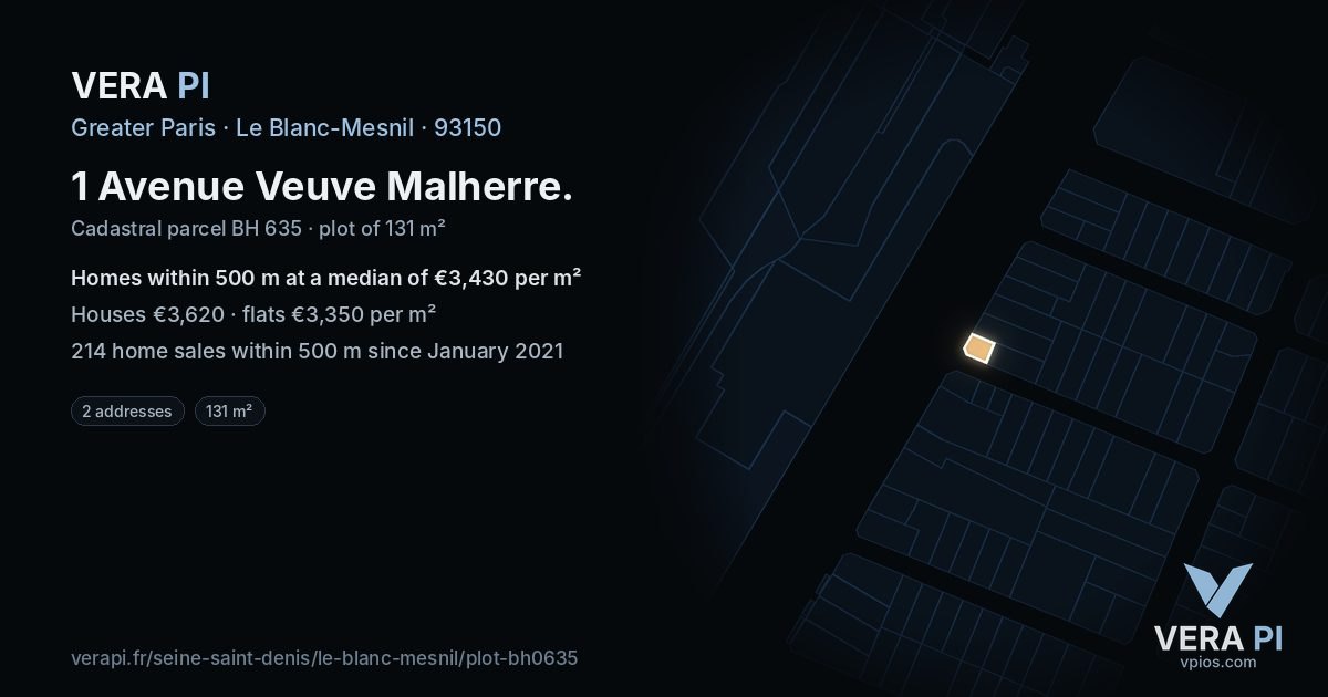 1 Avenue Veuve Malherre, Le Blanc-Mesnil at night – the plot lit, the parcels around coloured by the prices near them