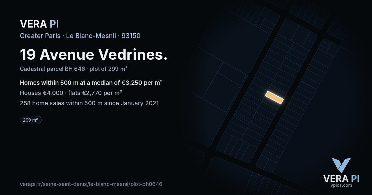 19 Avenue Vedrines, Le Blanc-Mesnil at night – the plot lit, the parcels around coloured by the prices near them