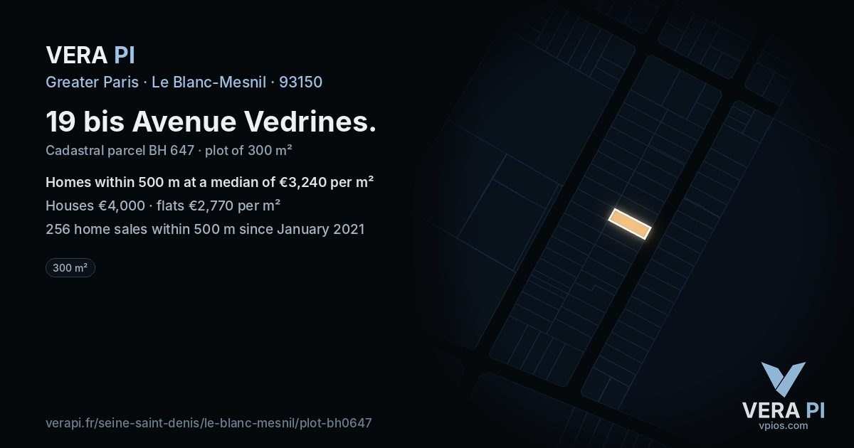 19 bis Avenue Vedrines, Le Blanc-Mesnil at night – the plot lit, the parcels around coloured by the prices near them