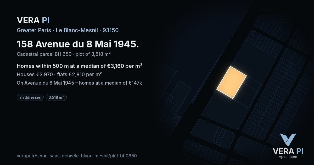 158 Avenue du 8 Mai 1945, Le Blanc-Mesnil at night – the plot lit, the parcels around coloured by the prices near them