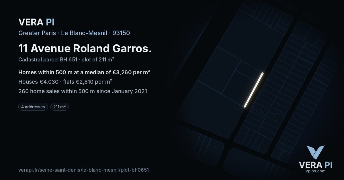 11 Avenue Roland Garros, Le Blanc-Mesnil at night – the plot lit, the parcels around coloured by the prices near them