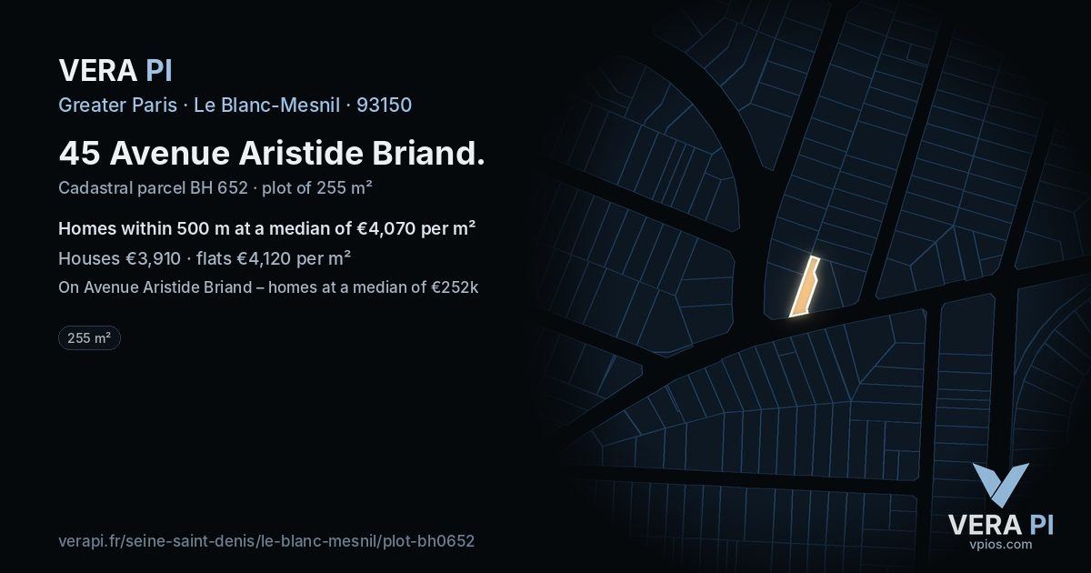 45 Avenue Aristide Briand, Le Blanc-Mesnil at night – the plot lit, the parcels around coloured by the prices near them