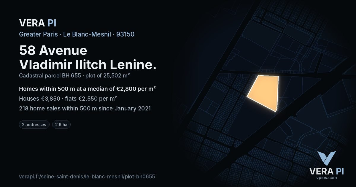 58 Avenue Vladimir Ilitch Lenine, Le Blanc-Mesnil at night – the plot lit, the parcels around coloured by the prices near them