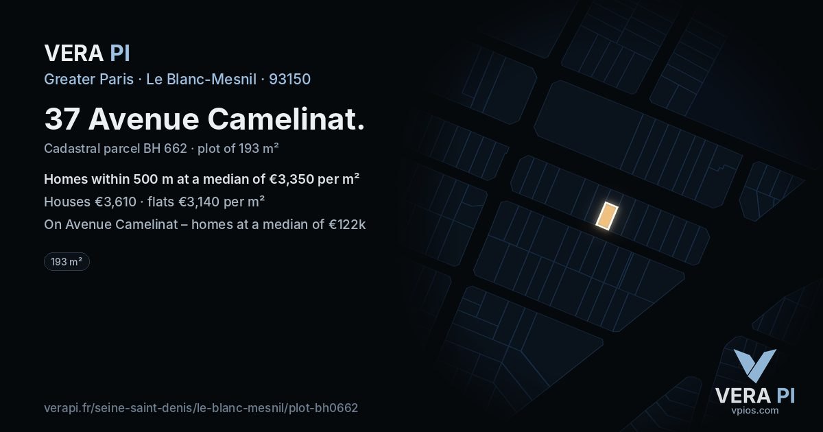 37 Avenue Camelinat, Le Blanc-Mesnil at night – the plot lit, the parcels around coloured by the prices near them