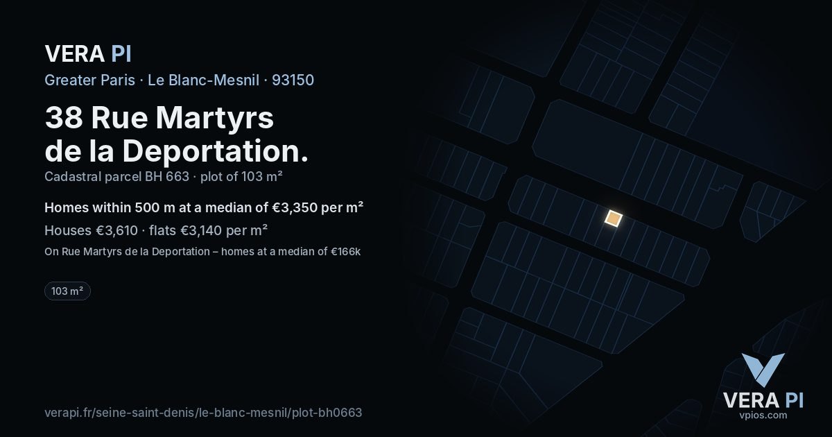 38 Rue Martyrs de la Deportation, Le Blanc-Mesnil at night – the plot lit, the parcels around coloured by the prices near them