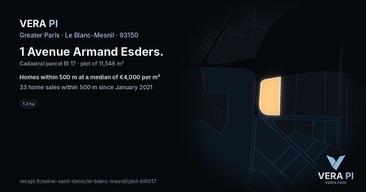 1 Avenue Armand Esders, Le Blanc-Mesnil at night – the plot lit, the parcels around coloured by the prices near them