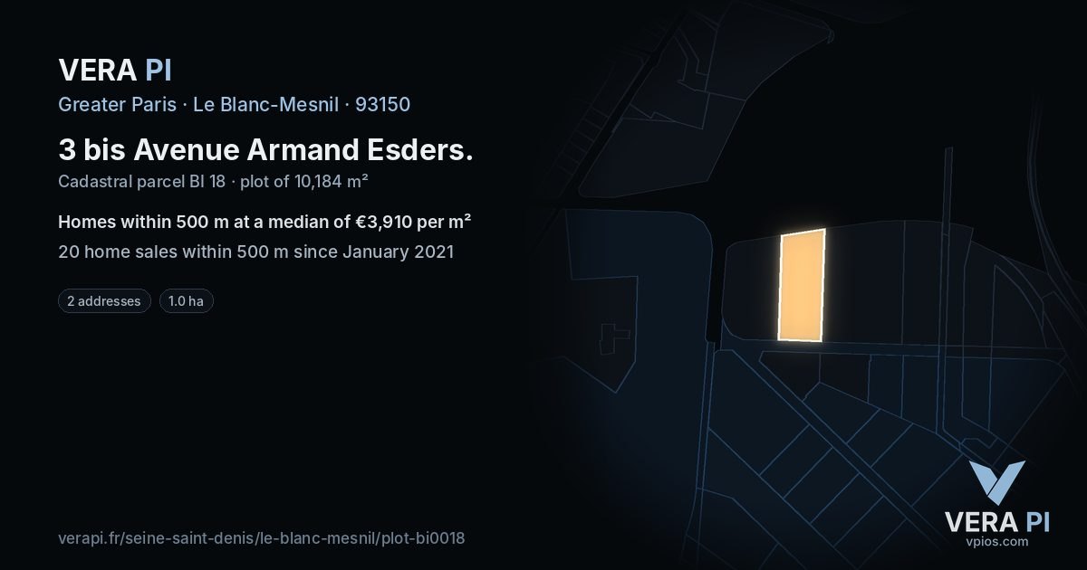 3 bis Avenue Armand Esders, Le Blanc-Mesnil at night – the plot lit, the parcels around coloured by the prices near them