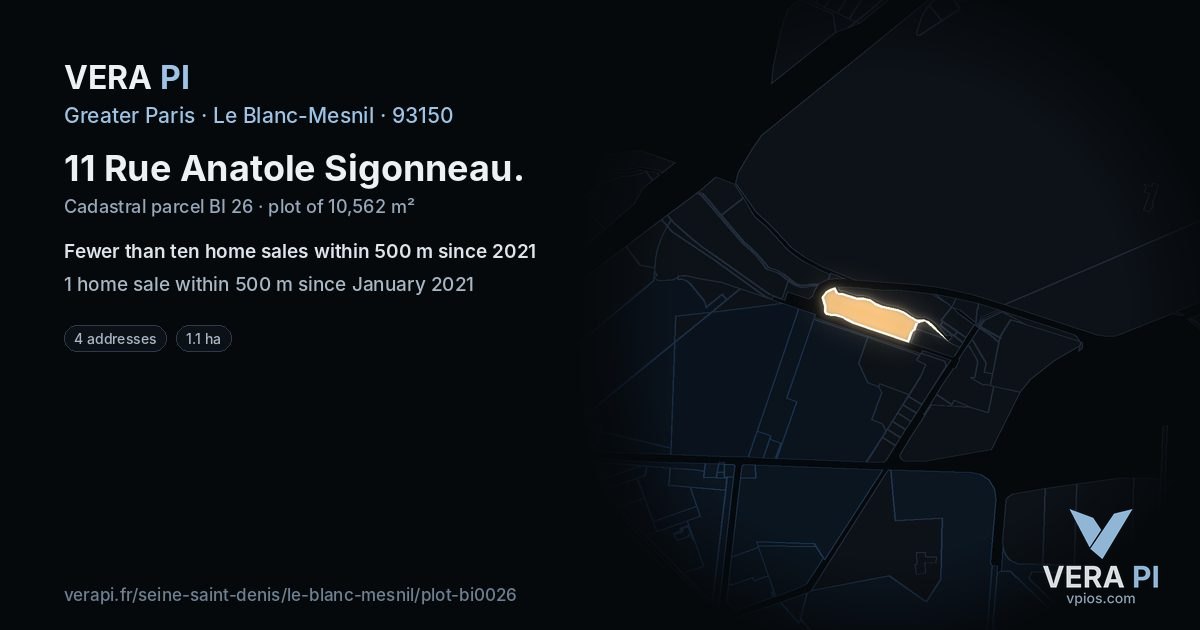 11 Rue Anatole Sigonneau, Le Blanc-Mesnil at night – the plot lit, the parcels around coloured by the prices near them