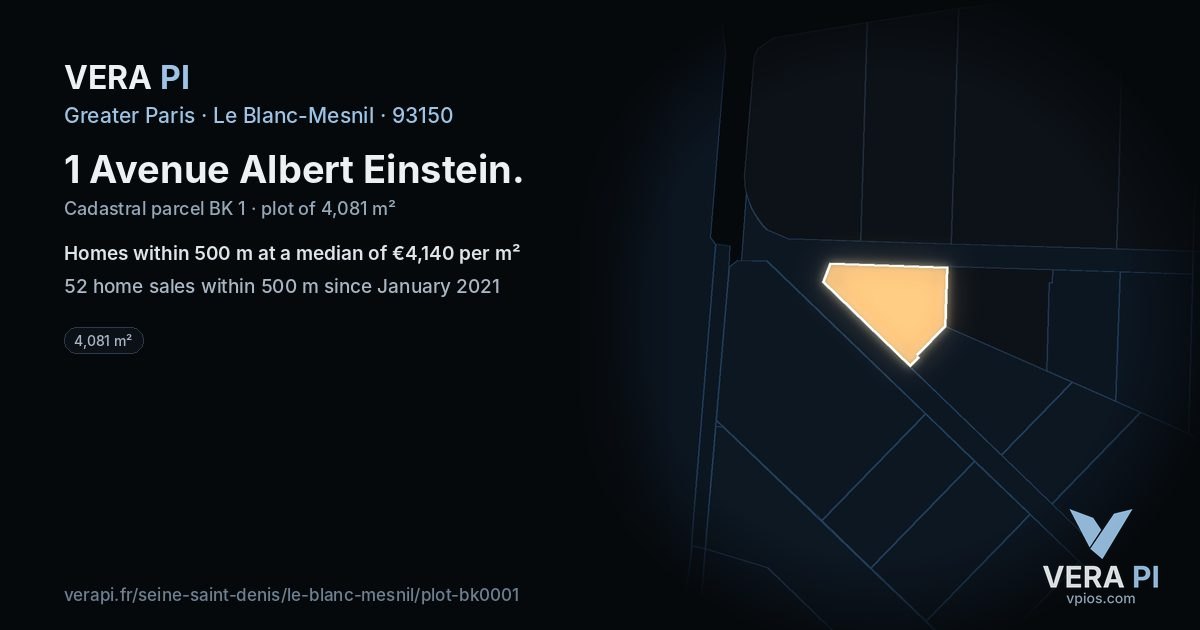 1 Avenue Albert Einstein, Le Blanc-Mesnil at night – the plot lit, the parcels around coloured by the prices near them
