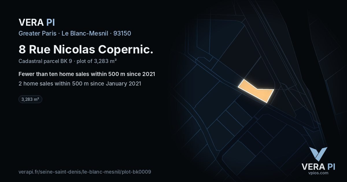 8 Rue Nicolas Copernic, Le Blanc-Mesnil at night – the plot lit, the parcels around coloured by the prices near them