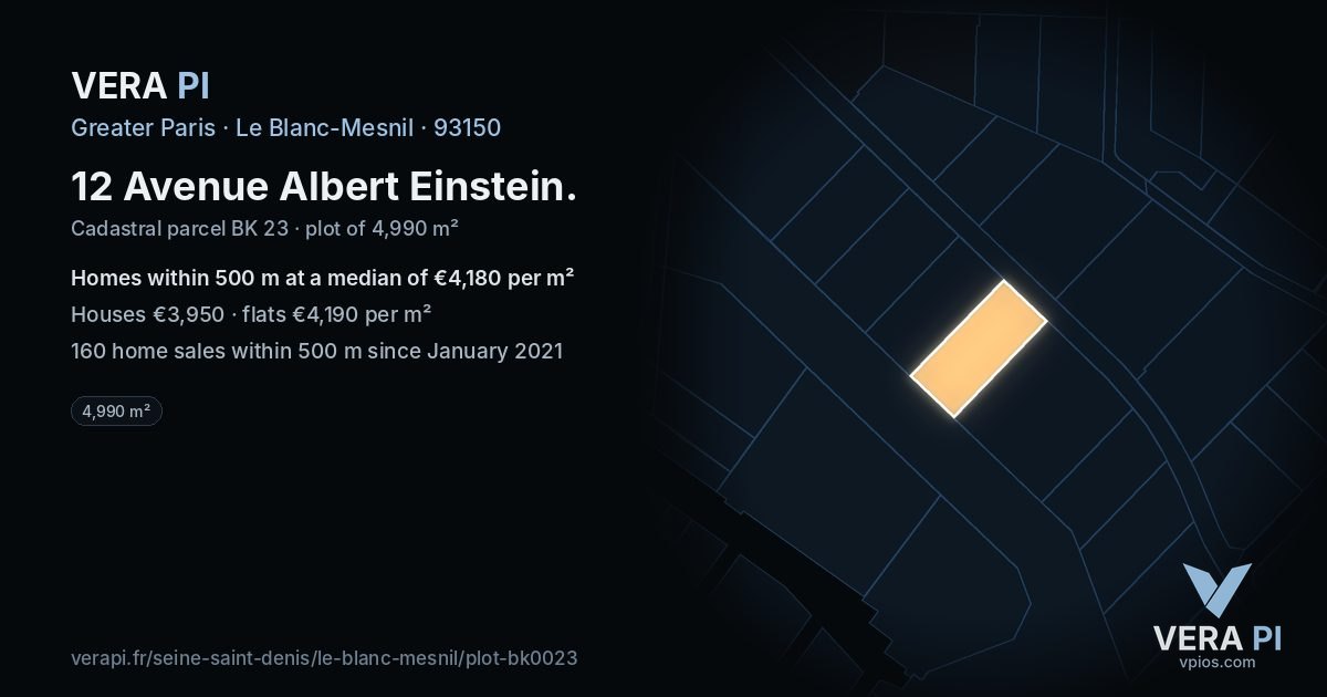 12 Avenue Albert Einstein, Le Blanc-Mesnil at night – the plot lit, the parcels around coloured by the prices near them