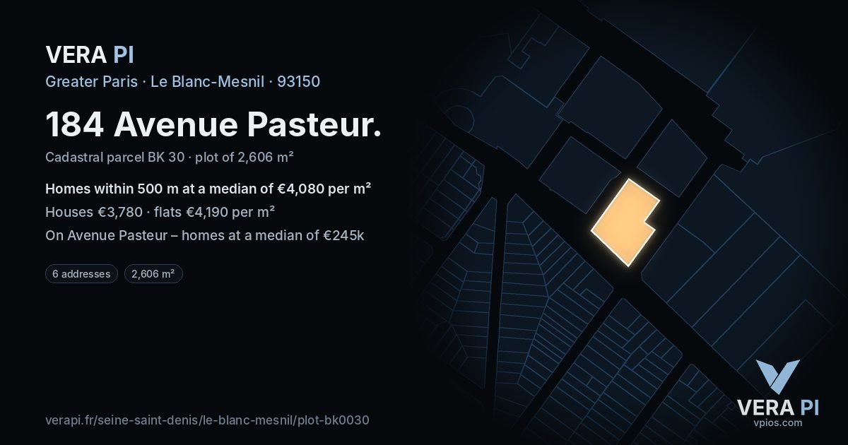 184 Avenue Pasteur, Le Blanc-Mesnil at night – the plot lit, the parcels around coloured by the prices near them