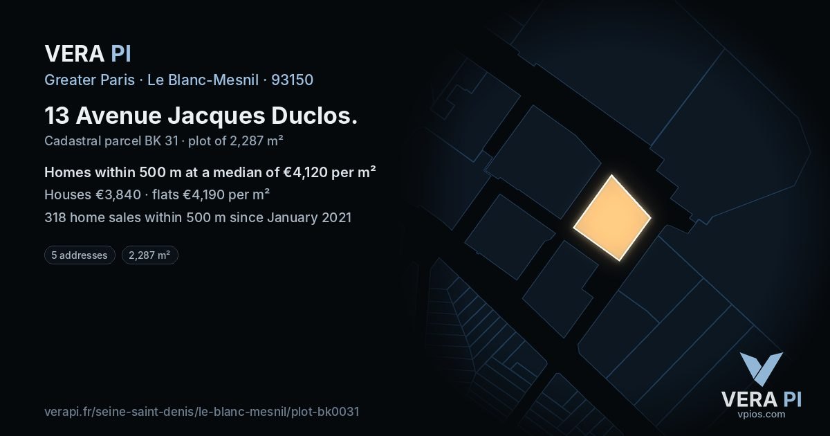 13 Avenue Jacques Duclos, Le Blanc-Mesnil at night – the plot lit, the parcels around coloured by the prices near them