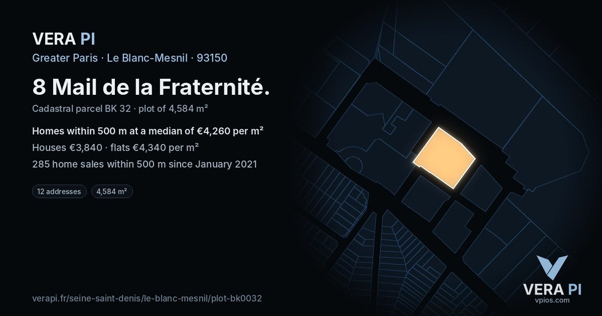 8 Mail de la Fraternité, Le Blanc-Mesnil at night – the plot lit, the parcels around coloured by the prices near them