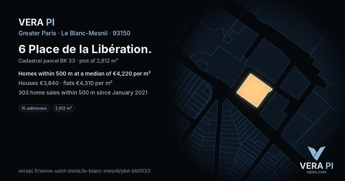 6 Place de la Libération, Le Blanc-Mesnil at night – the plot lit, the parcels around coloured by the prices near them