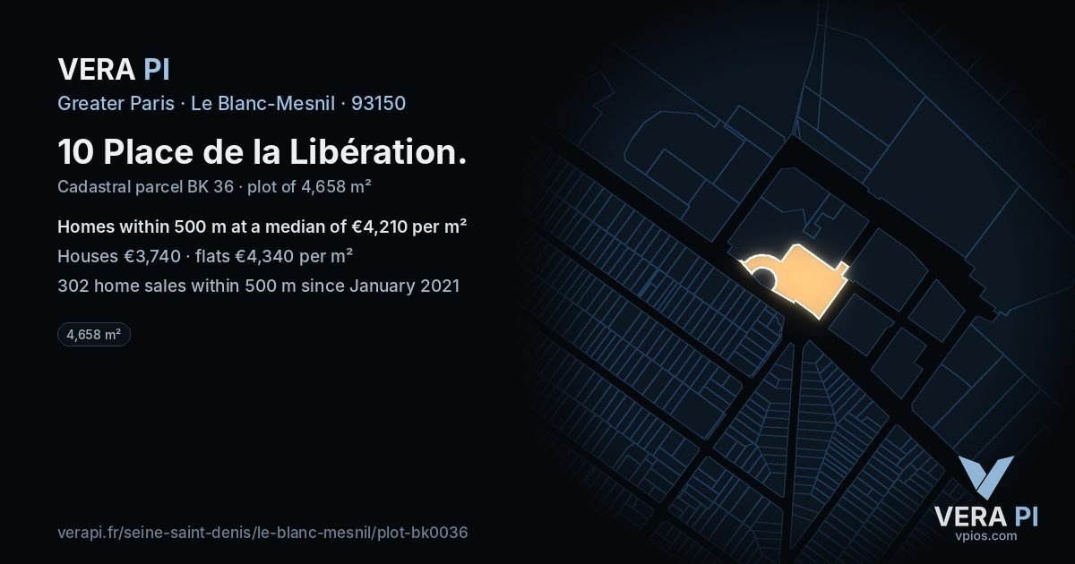 10 Place de la Libération, Le Blanc-Mesnil at night – the plot lit, the parcels around coloured by the prices near them