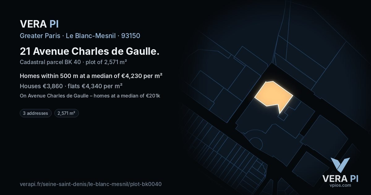 21 Avenue Charles de Gaulle, Le Blanc-Mesnil at night – the plot lit, the parcels around coloured by the prices near them