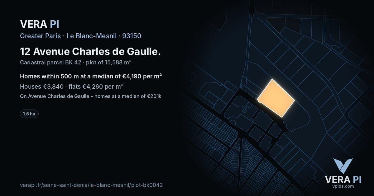 12 Avenue Charles de Gaulle, Le Blanc-Mesnil at night – the plot lit, the parcels around coloured by the prices near them