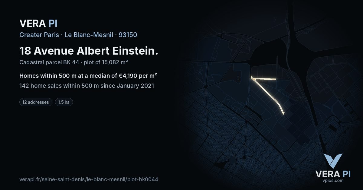 18 Avenue Albert Einstein, Le Blanc-Mesnil at night – the plot lit, the parcels around coloured by the prices near them