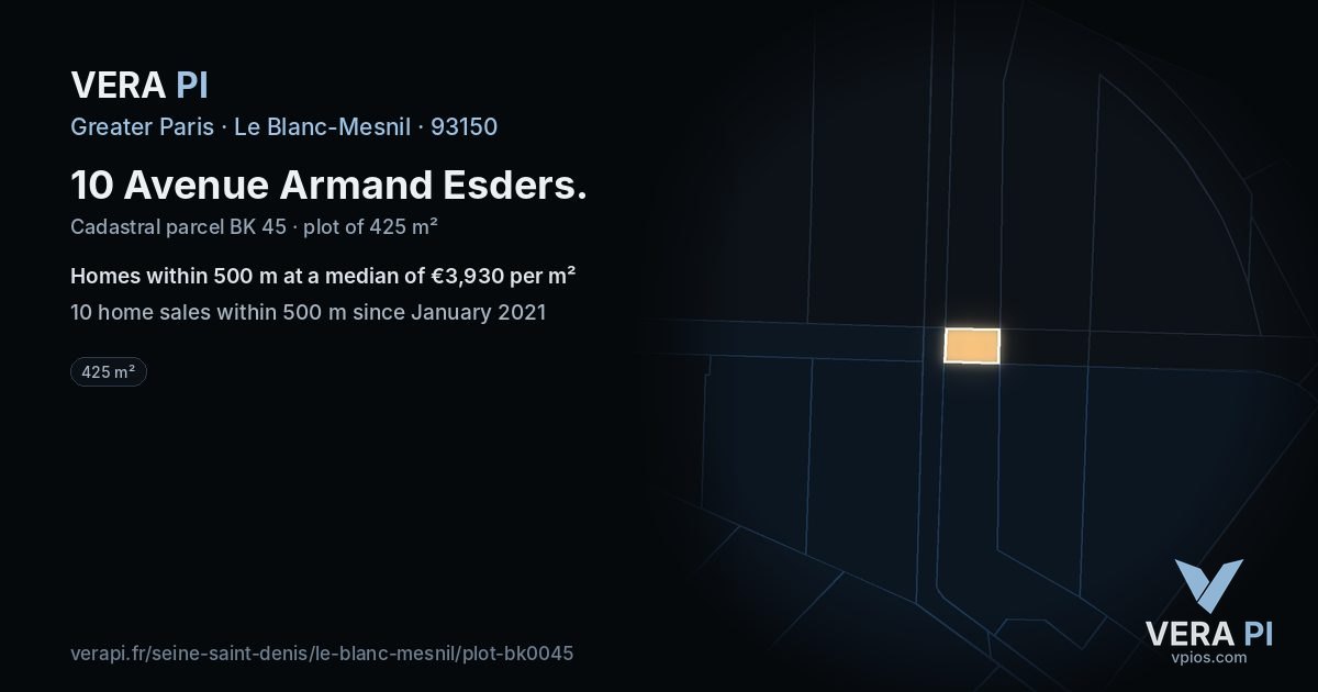 10 Avenue Armand Esders, Le Blanc-Mesnil at night – the plot lit, the parcels around coloured by the prices near them