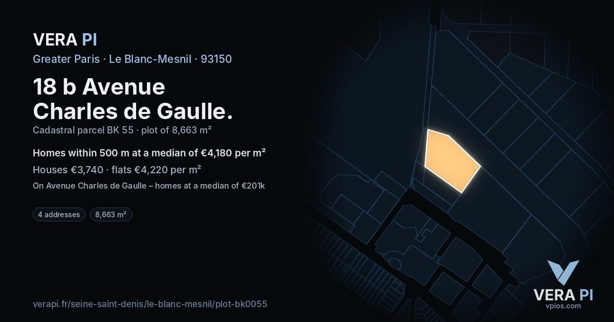 18 b Avenue Charles de Gaulle, Le Blanc-Mesnil at night – the plot lit, the parcels around coloured by the prices near them
