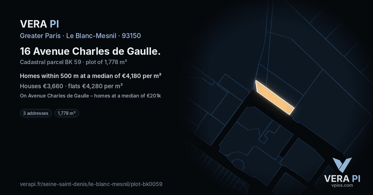 16 Avenue Charles de Gaulle, Le Blanc-Mesnil at night – the plot lit, the parcels around coloured by the prices near them