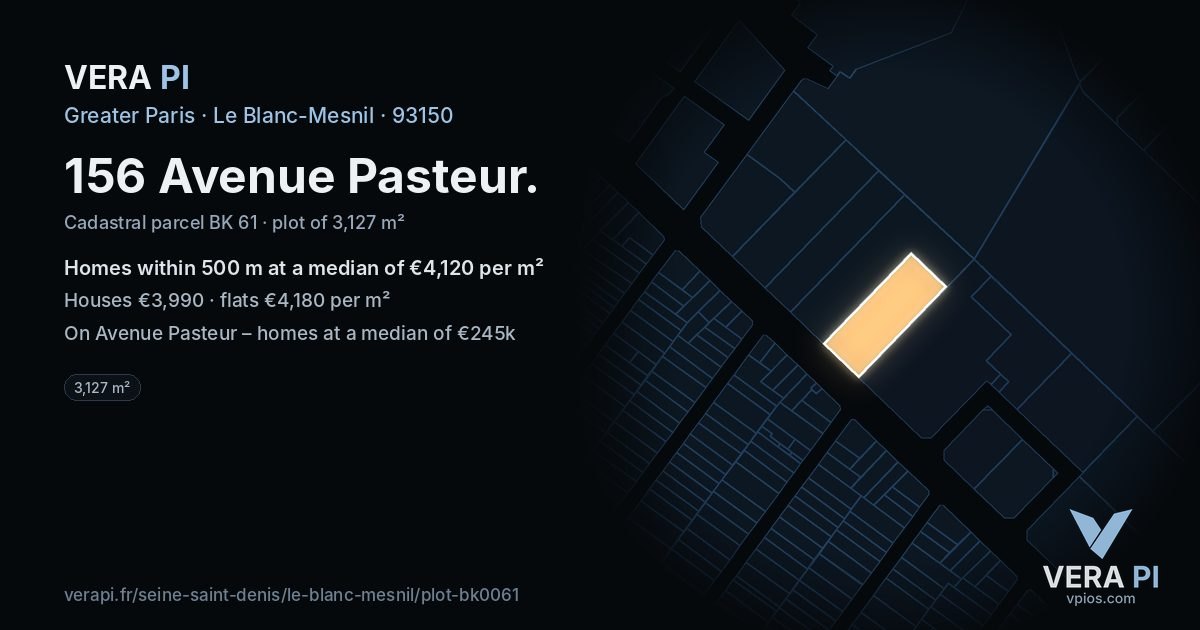 156 Avenue Pasteur, Le Blanc-Mesnil at night – the plot lit, the parcels around coloured by the prices near them