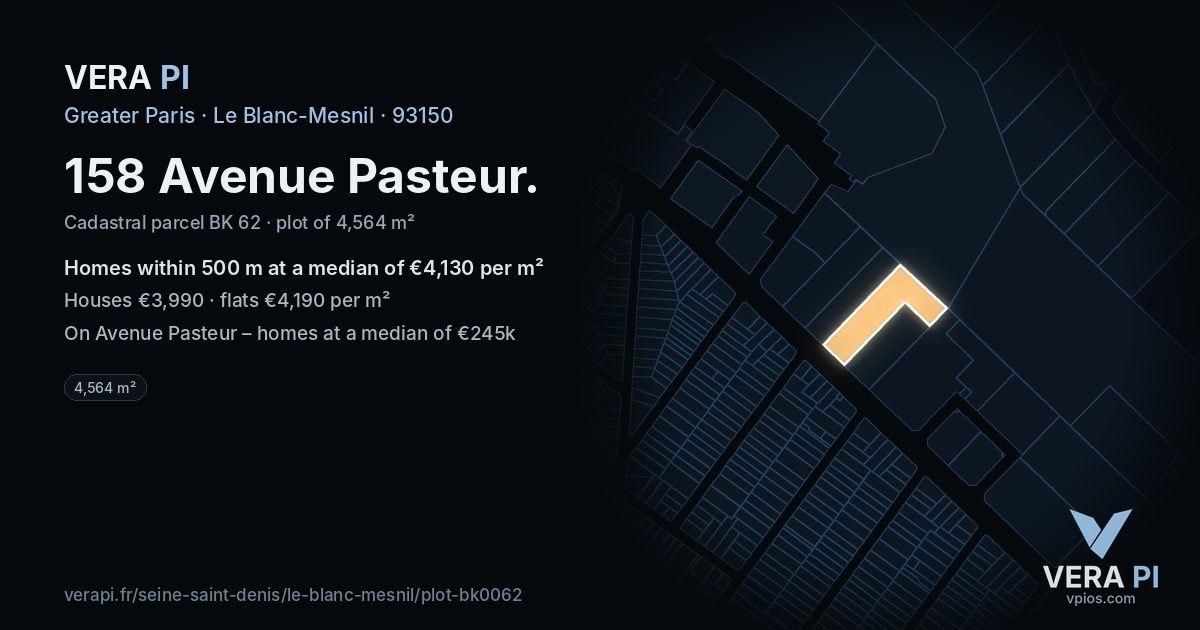 158 Avenue Pasteur, Le Blanc-Mesnil at night – the plot lit, the parcels around coloured by the prices near them