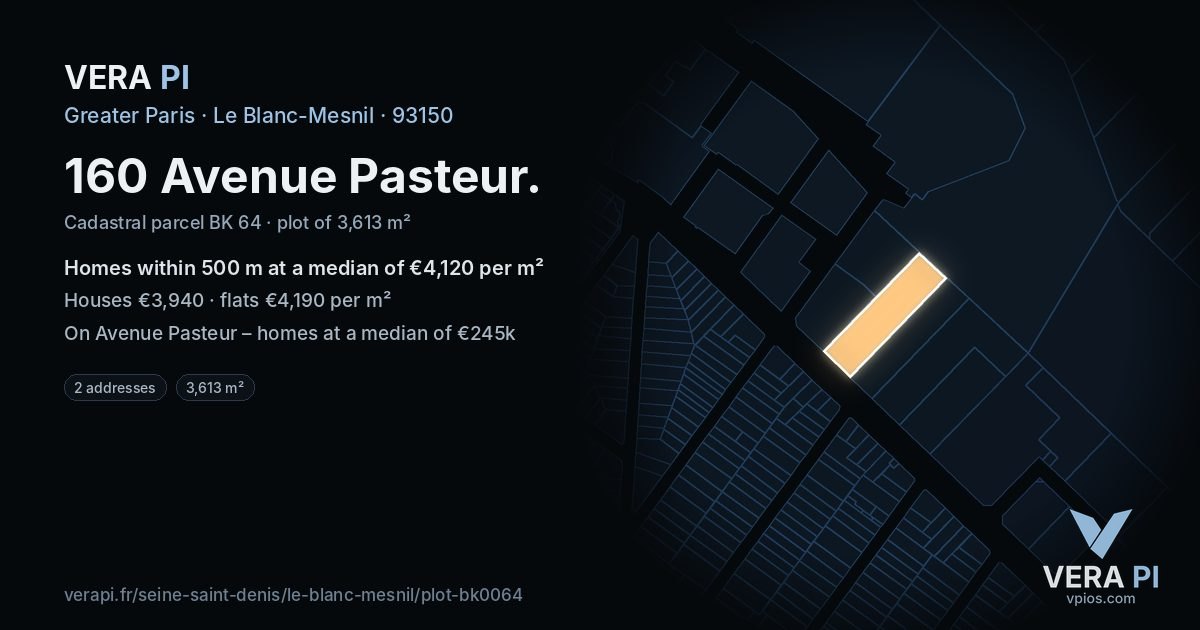 160 Avenue Pasteur, Le Blanc-Mesnil at night – the plot lit, the parcels around coloured by the prices near them