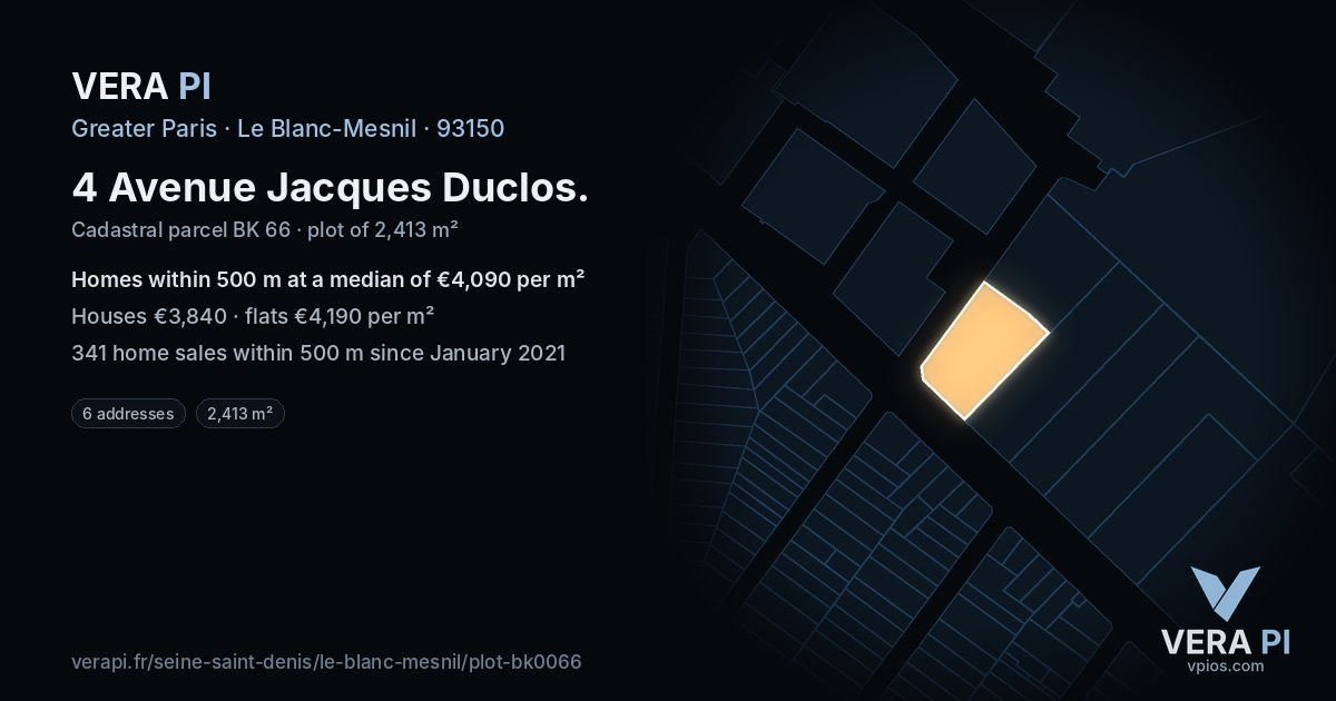 4 Avenue Jacques Duclos, Le Blanc-Mesnil at night – the plot lit, the parcels around coloured by the prices near them
