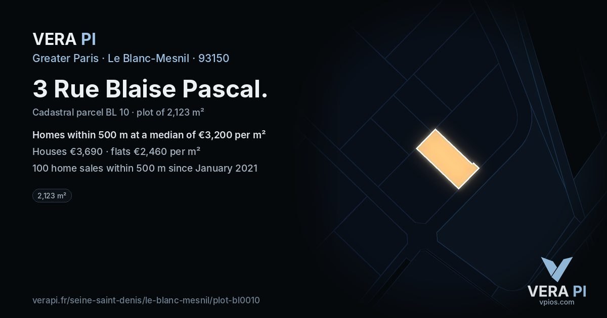 3 Rue Blaise Pascal, Le Blanc-Mesnil at night – the plot lit, the parcels around coloured by the prices near them