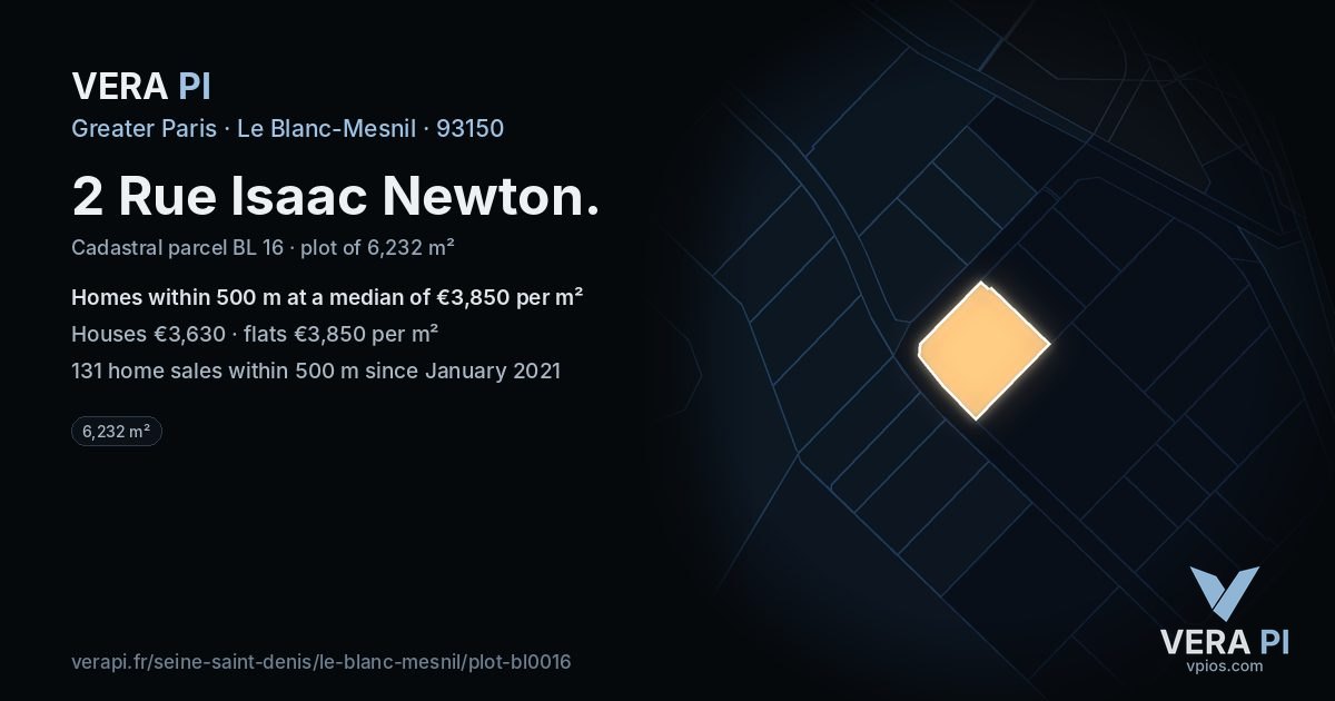 2 Rue Isaac Newton, Le Blanc-Mesnil at night – the plot lit, the parcels around coloured by the prices near them
