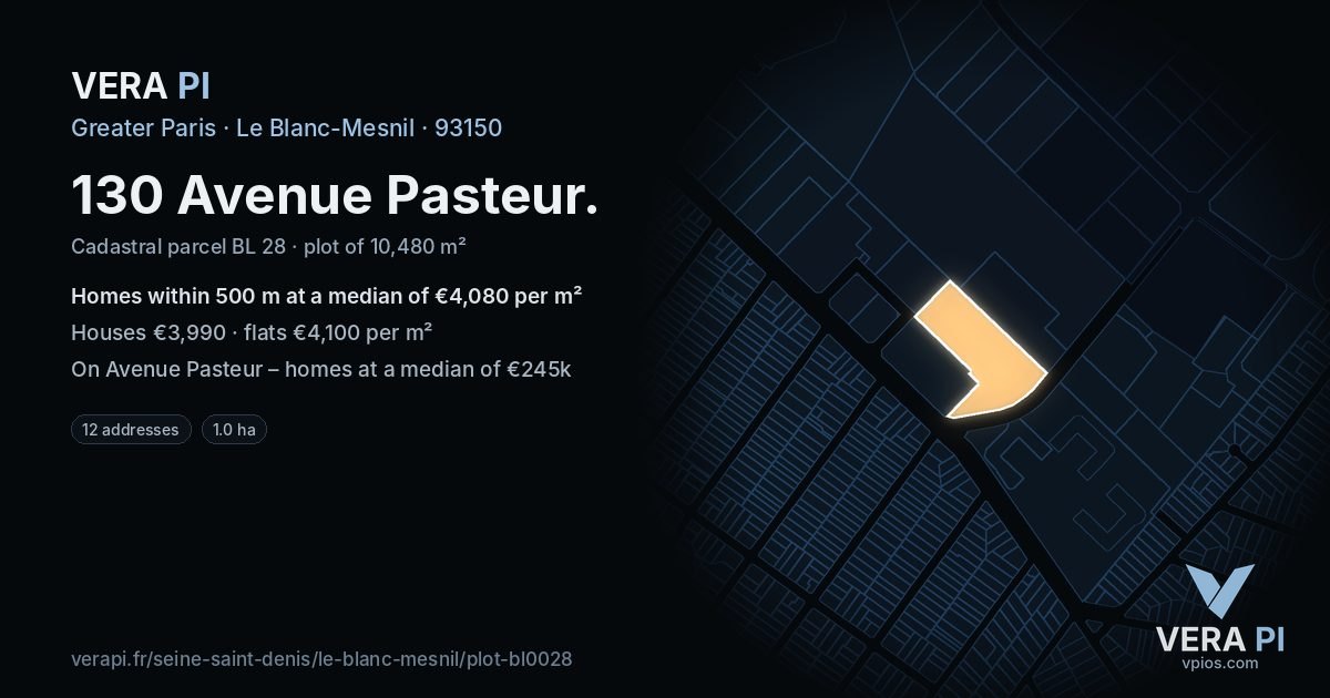 130 Avenue Pasteur, Le Blanc-Mesnil at night – the plot lit, the parcels around coloured by the prices near them