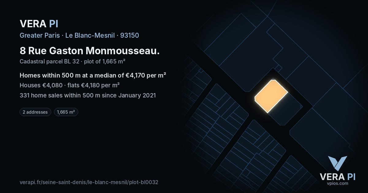 8 Rue Gaston Monmousseau, Le Blanc-Mesnil at night – the plot lit, the parcels around coloured by the prices near them