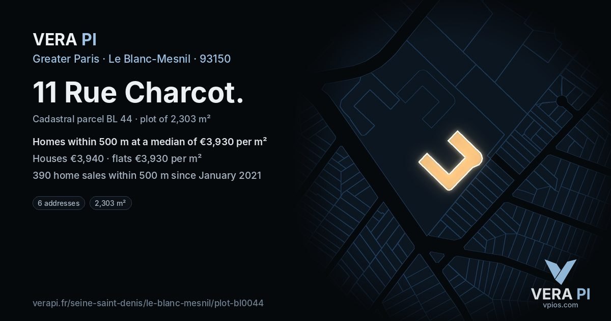 11 Rue Charcot, Le Blanc-Mesnil at night – the plot lit, the parcels around coloured by the prices near them