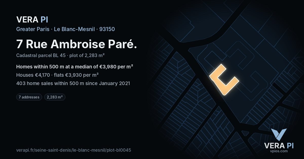 7 Rue Ambroise Paré, Le Blanc-Mesnil at night – the plot lit, the parcels around coloured by the prices near them