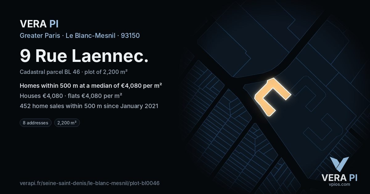 9 Rue Laennec, Le Blanc-Mesnil at night – the plot lit, the parcels around coloured by the prices near them