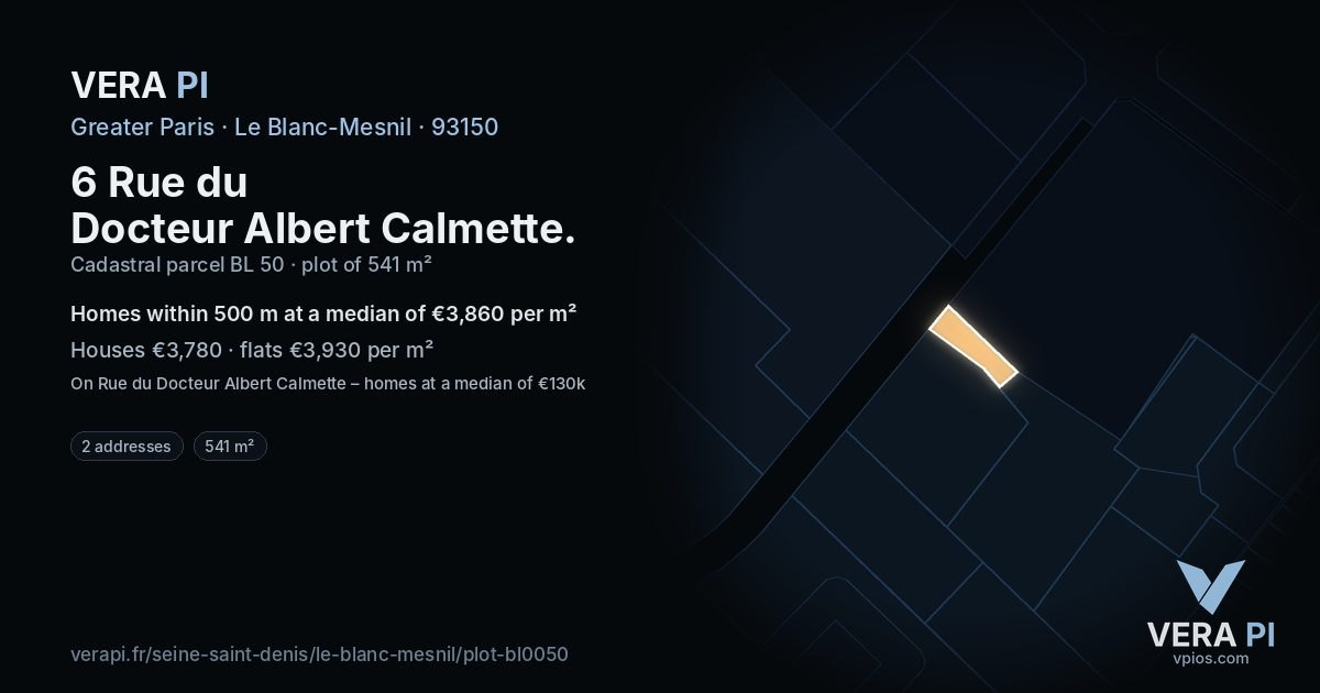 6 Rue du Docteur Albert Calmette, Le Blanc-Mesnil at night – the plot lit, the parcels around coloured by the prices near them