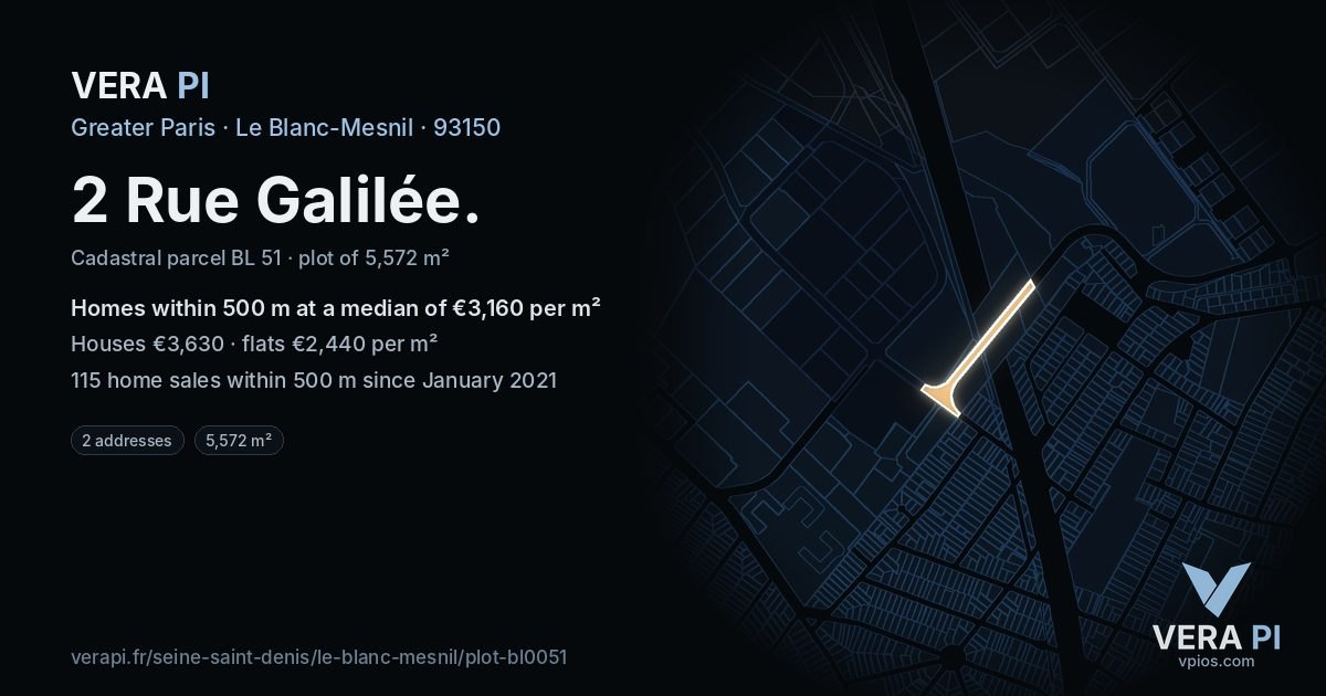 2 Rue Galilée, Le Blanc-Mesnil at night – the plot lit, the parcels around coloured by the prices near them