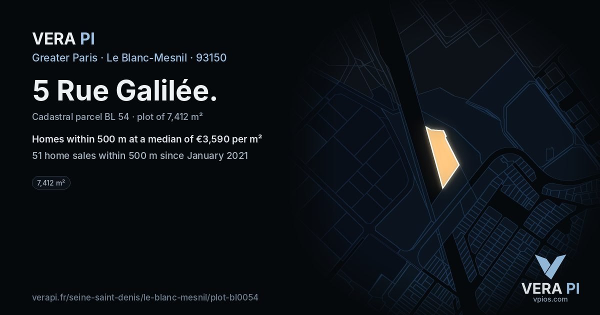 5 Rue Galilée, Le Blanc-Mesnil at night – the plot lit, the parcels around coloured by the prices near them