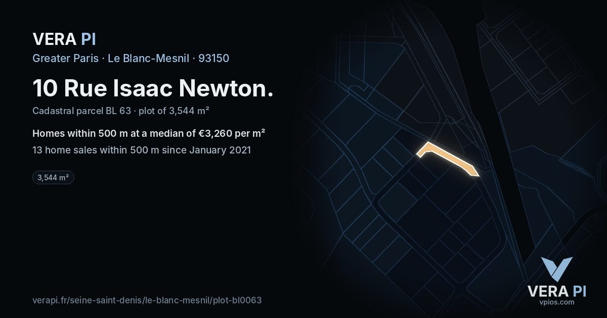 10 Rue Isaac Newton, Le Blanc-Mesnil at night – the plot lit, the parcels around coloured by the prices near them
