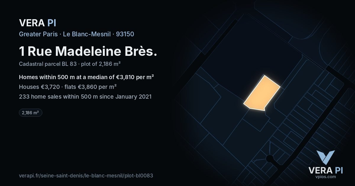 1 Rue Madeleine Brès, Le Blanc-Mesnil at night – the plot lit, the parcels around coloured by the prices near them