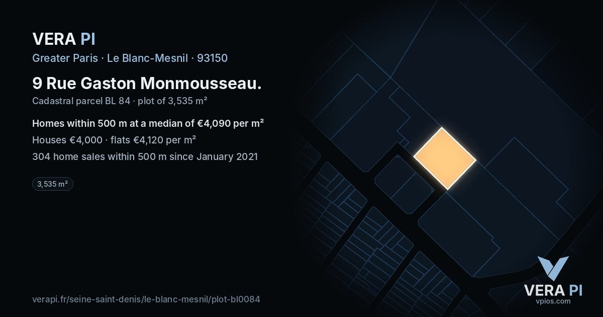 9 Rue Gaston Monmousseau, Le Blanc-Mesnil at night – the plot lit, the parcels around coloured by the prices near them
