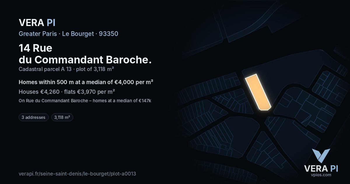 14 Rue du Commandant Baroche, Le Bourget at night – the plot lit, the parcels around coloured by the prices near them